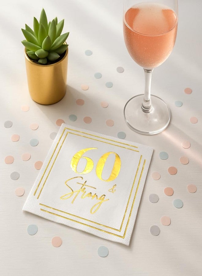 Cloverjoyed 60th Birthday Cocktail Napkins, Gold 60 Years Old Bday Party Decorations, "60 & Strong" Disposable Paper Napkin Decor for Men & Women, Milestone Anniversary Celebration, Fabulous Gift Ideas, 50 Pack - Image 4